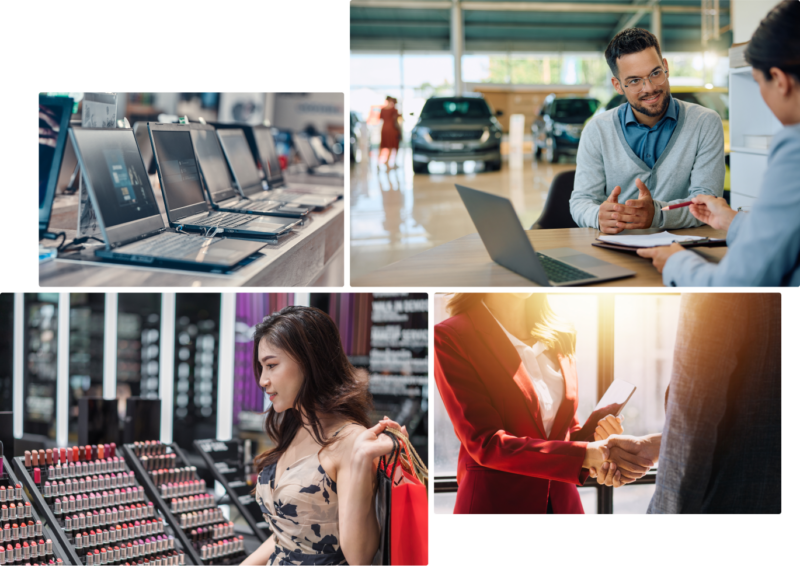 a Collage of Images, a Row of Laptops, a Woman in a Store Looking at Cosmetics, a Man and a Woman Shaking Hands, and a Man Helping a Customer at a Car Dealership.