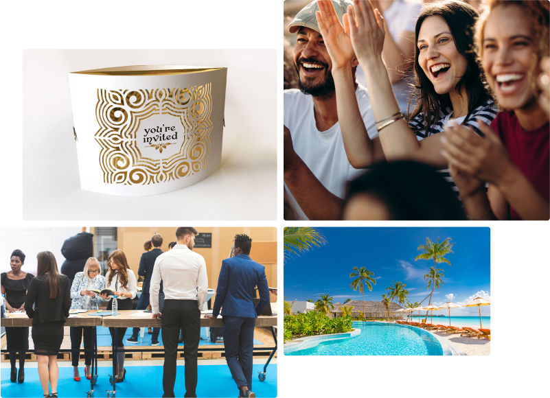 a Collage of Images with a Pool, People Cheering at an Event, and a Group of Business People at a Meeting.